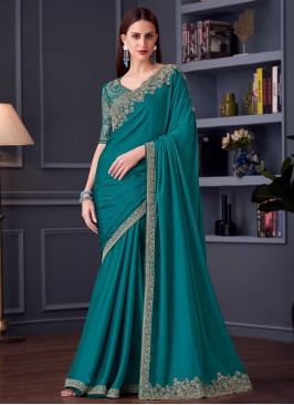 Turquoise Chiffon Reception Contemporary Saree