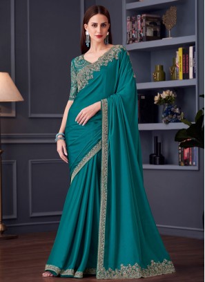 Turquoise Chiffon Reception Contemporary Saree