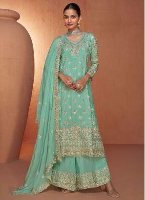 Turquoise Chinon Mirror Designer Salwar Kameez