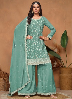 Turquoise Chinon Sequins Salwar Kameez