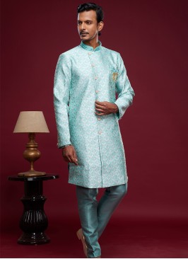 Turquoise Elegance: Banarasi Jacquard Semi-Indo Fu