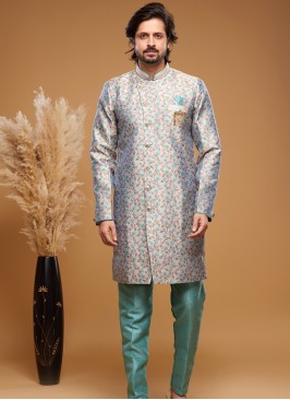 Turquoise Elegance: Banarasi Jacquard Semi-Indo We