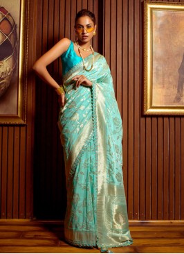 Turquoise Embroidered Ceremonial Trendy Saree