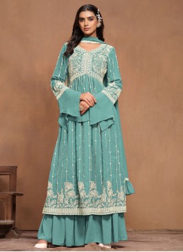 Turquoise Embroidered Party Designer Salwar Kameez