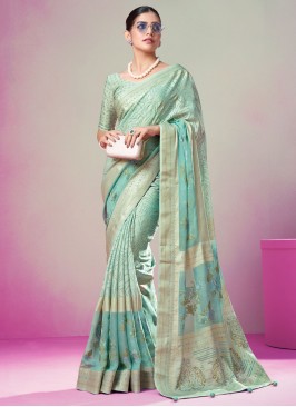 Turquoise Printed Traditional Saree