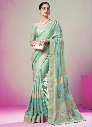 Turquoise Printed Traditional Saree