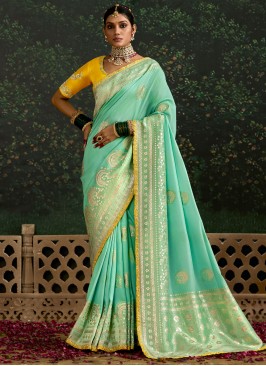 Turquoise Sequins pure-dola Contemporary Saree