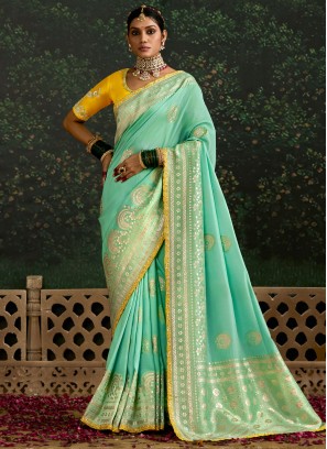 Turquoise Sequins pure-dola Contemporary Saree