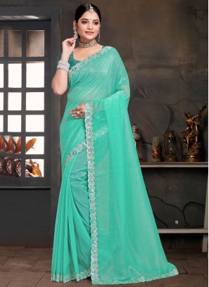 Turquoise Zircon Sangeet Contemporary Saree