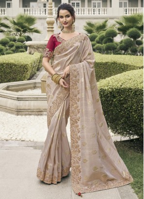 Tussar Silk Border Classic Saree in Beige