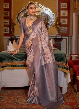 Tussar Silk Digital Print Traditional Saree in Grey and Lavender