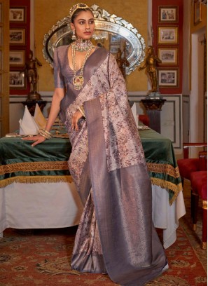 Tussar Silk Digital Print Traditional Saree in Grey and Lavender