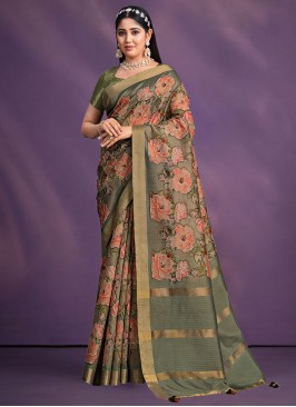 Tussar Silk Green Floral Patterns Contemporary Saree