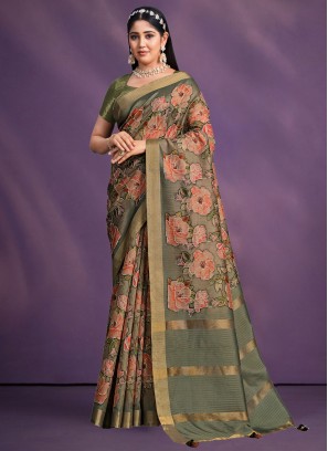 Tussar Silk Green Floral Patterns Contemporary Saree