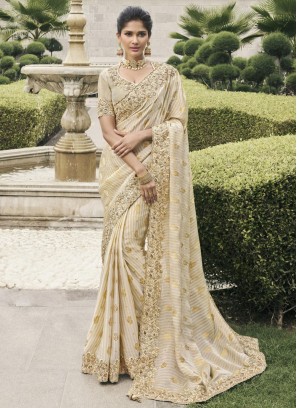 Tussar Silk Moti Cream Traditional Saree