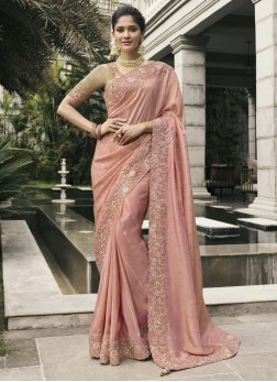 Tussar Silk Peach and Pink Embroidered Classic Sar