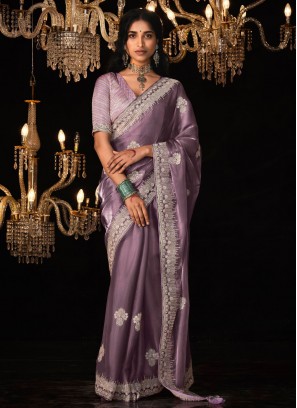 Tussar Silk Purple Sequins Trendy Saree