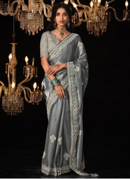 Tussar Silk Sequins Classic Saree in Grey