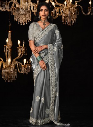Tussar Silk Sequins Classic Saree in Grey