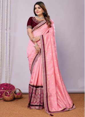 Tussar Silk Zari Pink Classic Saree