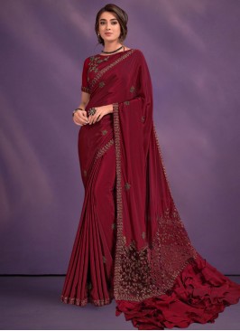 Unique Embroidered Pure Crepe Maroon Designer Saree