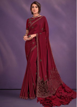 Unique Embroidered Pure Crepe Maroon Designer Saree