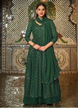 Unique Embroidered Pure Georgette Green Trendy Leh