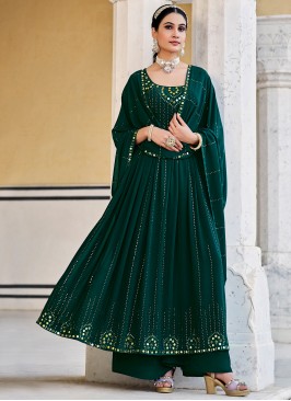 Unique Green Mirror Work Georgette Party Wear Salwar Suit
