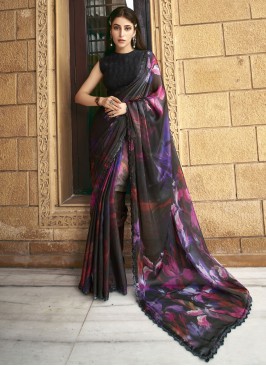 Unique Satin Silk Black Print Classic Saree