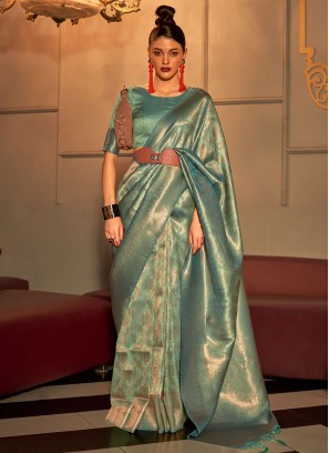 Urbane Weaving Handloom silk Turquoise Contemporary Saree