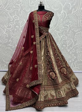 Velvet Designer Brown and Off White Lehenga Choli