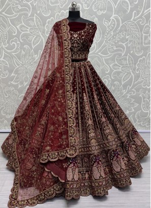 Velvet Maroon Long Choli Lehenga