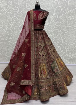 Velvet Maroon Thread Designer Lehenga Choli