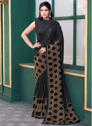 Velvet Sequins Black Traditional Saree