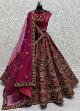 Velvet Zari Maroon and Rani Trendy Lehenga Choli