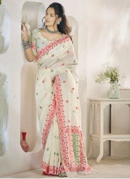 Versatile Linen Aari White Classic Saree