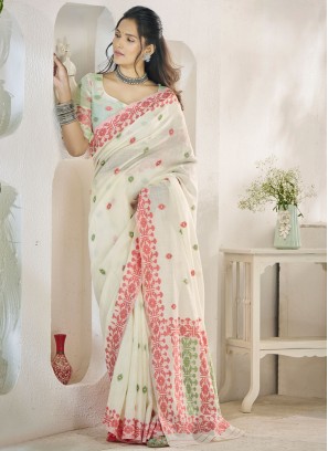 Versatile Linen Aari White Classic Saree