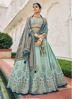 Blue Pink Combination Silk Luxury Designer Bridal Lehenga Choli Online –  Sunasa