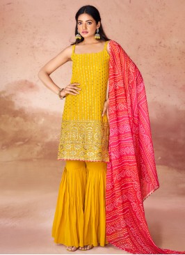 Vibrant Mustard Embroidered Georgette Readymade Salwar Kameez