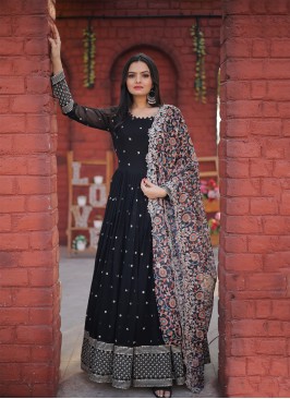 Vibrant Black Embroidered Faux Blooming Georgette 