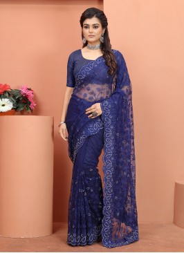 Vibrant Resham Blue Trendy Saree