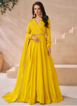 Vibrant Silk Mustard Sequins Readymade Trendy Gown 