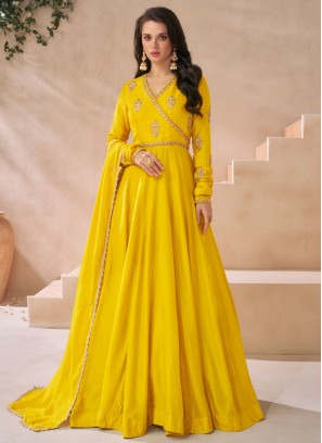 Vibrant Silk Mustard Sequins Readymade Trendy Gown 