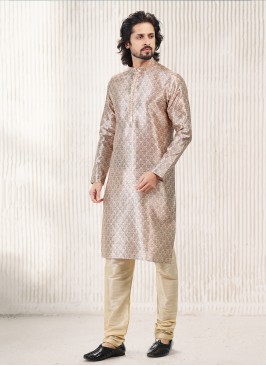 Vibrant Beige Jequard Silk Festive Wear Mens Kurta With Bottom