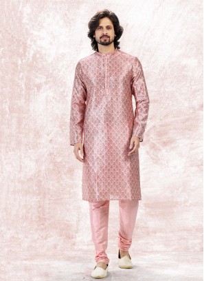 Vibrant Pink Jequard Silk Festive Wear Mens Kurta With Bottom