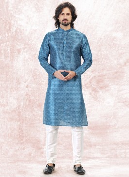 Vibrant Blue Jequard Silk Festive Wear Mens Kurta 