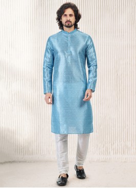 Vibrant Blue Jequard Silk Festive Wear Mens Kurta 