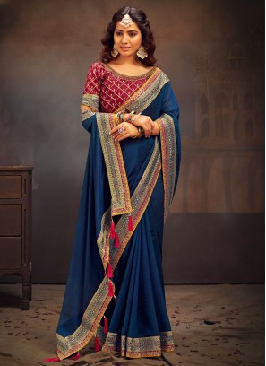 Vichitra Silk Blue Embroidered Trendy Saree