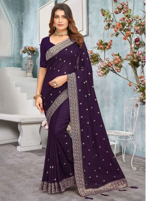 Vichitra Silk Border Designer Saree in Purple