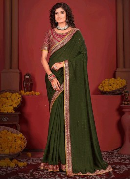 Vichitra Silk Classic Saree in Green